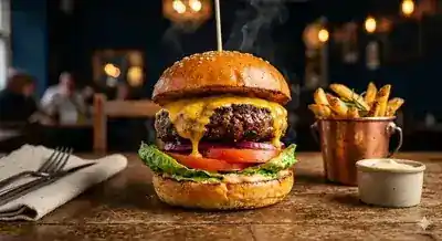Hamburguesa premium con queso cheddar derretido, tomate y cebolla morada
