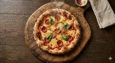 Pizza de masa madre con pepperoni, albahaca fresca y queso derretido